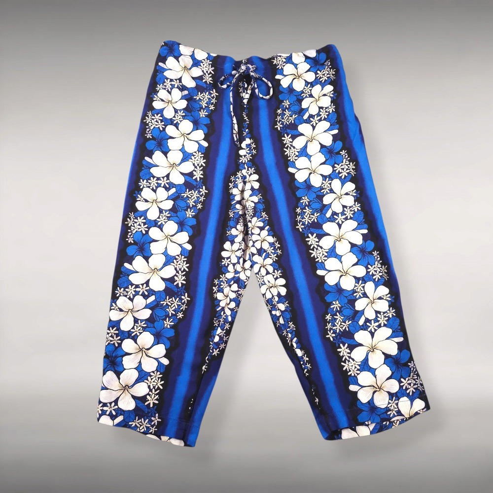 Hibiscus Collection Hawaii Plumeria Floral Rayon Crop Pants Vacation Resort L